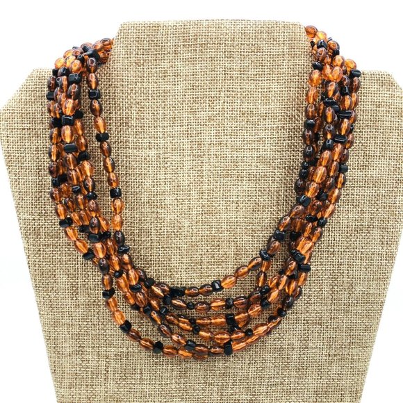 Vintage Lucite Necklace Multi Beaded Faux Amber Necklace 18 in - Picture 4 of 7